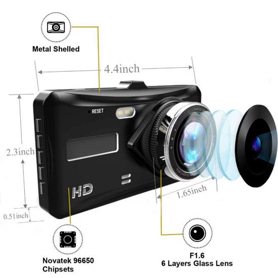 Touch Screen Dashboard Camera Front and Rear Dual Dash Cam with G-Sensor, Loop-Recording & Parking Mode