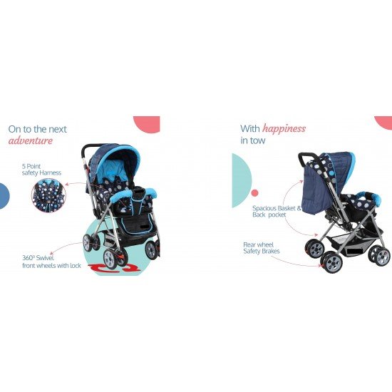 Baby Stroller / Pram for 0 to 3 Years, New Born / Toddler / Kid, 5 Point Safety Harness, Adjustable backrest, 360° Swivel Wheel, Large storage basket, Reversible Handlebar (color May Vary) Baby Stroller / Pram for 0 to 3 Years, New Born / Toddler / Kid, 5 Point Safety Harness, Adjustable backrest, 360° Swivel Wheel, Large storage basket, Reversible Handlebar (color May Vary)