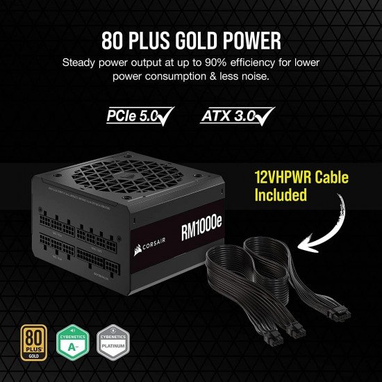 CORSAIR RM1000e (2023) Fully Modular Low-Noise ATX Power Supply - ATX 3.0 & PCIe 5.0 Compliant - 105°C-Rated Capacitors - 80 Plus Gold Efficiency - Modern Standby Support CORSAIR RM1000e (2023) Fully Modular Low-Noise ATX Power Supply - ATX 3.0 & PCIe 5.0 Compliant - 105°C-Rated Capacitors - 80 Plus Gold Efficiency - Modern Standby Support