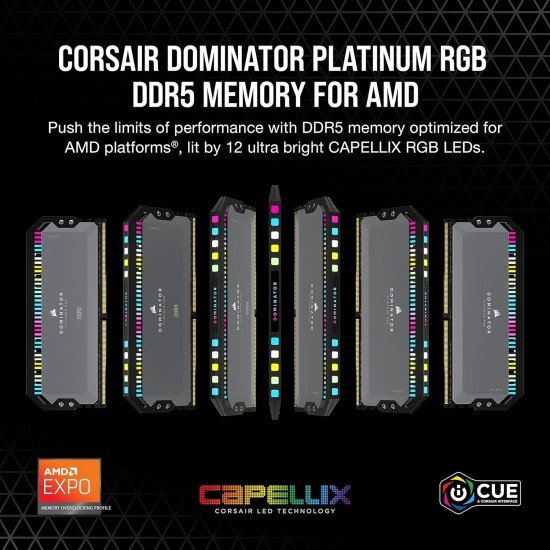 Corsair Dominator Platinum RGB DDR5 32GB (2x16GB) 5200MHz C40 AMD Optimized Desktop Memory (12 Ultra-Bright CAPELLIX RGB LEDs, Patented CORSAIR DHX Cooling, Custom AMD® Expo Profiles) Cool Gray