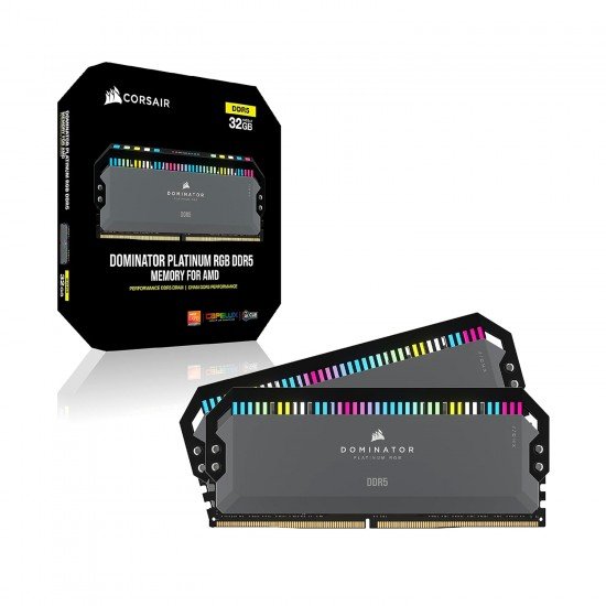Corsair Dominator Platinum RGB DDR5 32GB (2x16GB) 5200MHz C40 AMD Optimized Desktop Memory (12 Ultra-Bright CAPELLIX RGB LEDs, Patented CORSAIR DHX Cooling, Custom AMD® Expo Profiles) Cool Gray