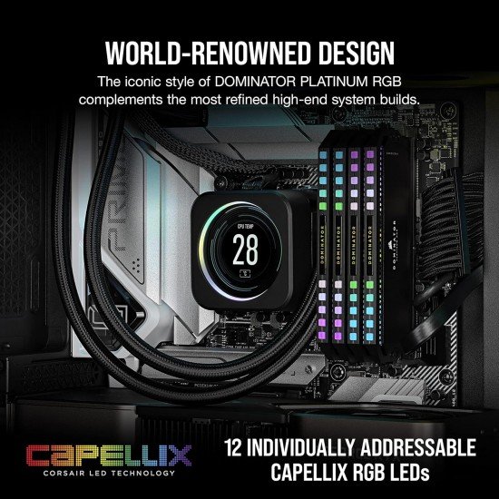 Corsair Dominator Platinum RGB DDR5 32GB (2x16GB) 6000MHz C36 Intel Optimized Desktop Memory (Onboard Voltage Regulation, Patented CORSAIR DHX Cooling, 12 Ultra-Bright CAPELLIX RGB LEDs) Black Corsair Dominator Platinum RGB DDR5 32GB (2x16GB) 6000MHz C36 Intel Optimized Desktop Memory (Onboard Voltage Regulation, Patented CORSAIR DHX Cooling, 12 Ultra-Bright CAPELLIX RGB LEDs) Black