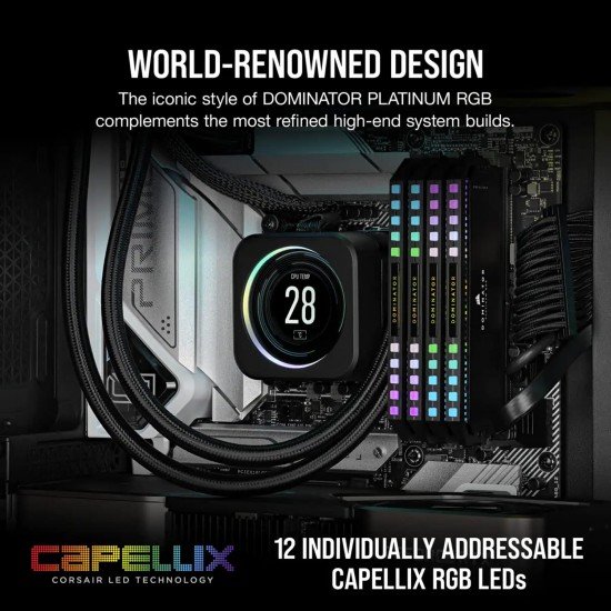 Corsair Dominator Platinum RGB DDR5 32GB (2x16GB) DDR5 7000 MHz C34 Intel Optimised Desktop Memory (Onboard Voltage Regulation, Patented CORSAIR DHX Cooling, 12 Ultra-Bright CAPELLIX RGB LEDs) Black Corsair Dominator Platinum RGB DDR5 32GB (2x16GB) DDR5 7000 MHz C34 Intel Optimised Desktop Memory (Onboard Voltage Regulation, Patented CORSAIR DHX Cooling, 12 Ultra-Bright CAPELLIX RGB LEDs) Black