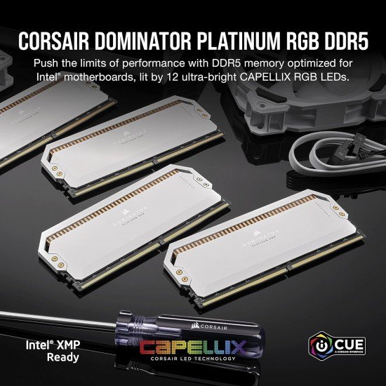 Corsair Dominator Platinum RGB DDR5 64GB (2x32GB) DDR5 5600MHz C40 Intel Optimised Desktop Memory (Onboard Voltage Regulation, Patented CORSAIR DHX Cooling, 12 Ultra-Bright CAPELLIX RGB LEDs) Black Corsair Dominator Platinum RGB DDR5 64GB (2x32GB) DDR5 5600MHz C40 Intel Optimised Desktop Memory (Onboard Voltage Regulation, Patented CORSAIR DHX Cooling, 12 Ultra-Bright CAPELLIX RGB LEDs) Black