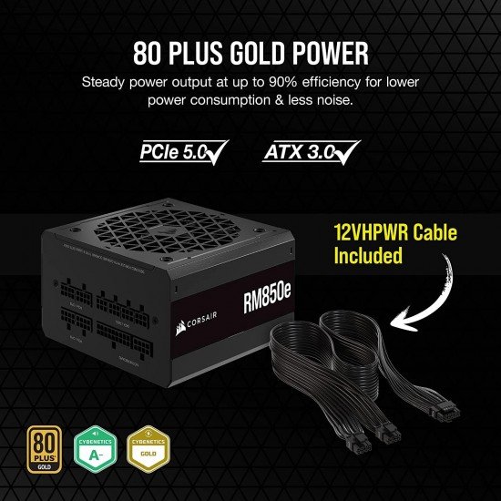 Corsair RM850e (2023) Fully Modular Low-Noise ATX Power Supply - ATX 3.0 & PCIe 5.0 Compliant - 105°C-Rated Capacitors - 80 Plus Gold Efficiency - Modern Standby Support - Black Corsair RM850e (2023) Fully Modular Low-Noise ATX Power Supply - ATX 3.0 & PCIe 5.0 Compliant - 105°C-Rated Capacitors - 80 Plus Gold Efficiency - Modern Standby Support - Black