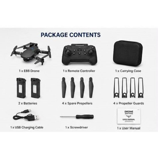 E88 Foldable Drone with Dual Camera, 2 Batteries, WiFi FPV, Altitude Hold, One Key Take Off/Landing