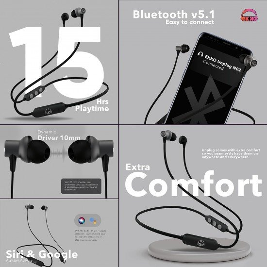 Ekko Unplug N02 - Neckband with Super Sound Heavy Bass, Playback time Upto 15 Hours,Siri & Google Assistant Activate Ekko Unplug N02 - Neckband with Super Sound Heavy Bass, Playback time Upto 15 Hours,Siri & Google Assistant Activate