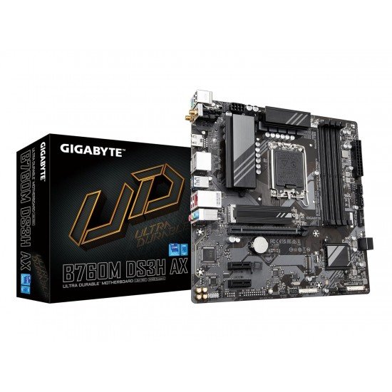 GIGABYTE B760M DS3H AX (LGA 1700/ Intel/ B760/ M-ATX/ DDR5/ 2* M.2/ PCIe 4.0/ USB 3.2 Gen 2 Type-C/WiFi 6E/ 2.5GbE LAN/Q-Flash Plus/PCIe EZ-Latch/Motherboard) GIGABYTE B760M DS3H AX (LGA 1700/ Intel/ B760/ M-ATX/ DDR5/ 2* M.2/ PCIe 4.0/ USB 3.2 Gen 2 Type-C/WiFi 6E/ 2.5GbE LAN/Q-Flash Plus/PCIe EZ-Latch/Motherboard)