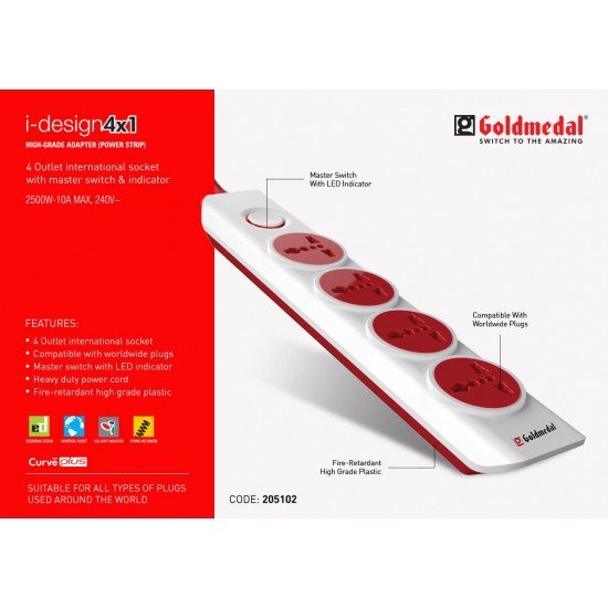 Goldmedal I-Design 4X1 Power Strip With 4 International Sockets, Master Switch, Indicator And 2M Cord - White, 240 Volts Goldmedal I-Design 4X1 Power Strip With 4 International Sockets, Master Switch, Indicator And 2M Cord - White, 240 Volts