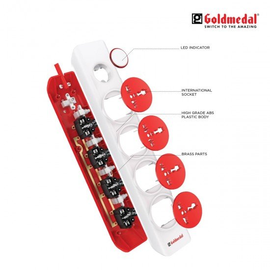 Goldmedal I-Design 4X1 Power Strip With 4 International Sockets, Master Switch, Indicator And 2M Cord - White, 240 Volts Goldmedal I-Design 4X1 Power Strip With 4 International Sockets, Master Switch, Indicator And 2M Cord - White, 240 Volts