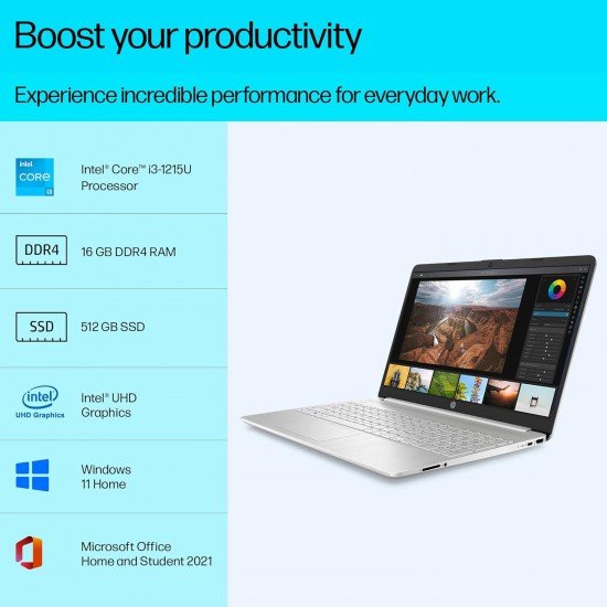 HP Laptop 15s, 12th Gen Intel Core i3-1215U, 15.6-inch (39.6 cm), FHD, 16GB DDR4, 512GB SSD, Intel UHD Graphics, Thin & Light, Dual Speakers (Win 11, MSO 2021, Silver, 1.69 kg), fy5004TU HP Laptop 15s, 12th Gen Intel Core i3-1215U, 15.6-inch (39.6 cm), FHD, 16GB DDR4, 512GB SSD, Intel UHD Graphics, Thin & Light, Dual Speakers (Win 11, MSO 2021, Silver, 1.69 kg), fy5004TU