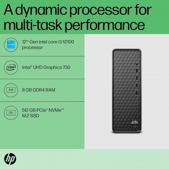 HP Slim Tower 12th Gen Intel Core i3-12100 (8GB RAM/512GB SSD/Black Wired Keyboard & Mouse/Intel UHD Graphics 730/Windows 11/MS Office 21/Dark Black, 3 Years Warranty), S01-pF2888in HP Slim Tower 12th Gen Intel Core i3-12100 (8GB RAM/512GB SSD/Black Wired Keyboard & Mouse/Intel UHD Graphics 730/Windows 11/MS Office 21/Dark Black, 3 Years Warranty), S01-pF2888in