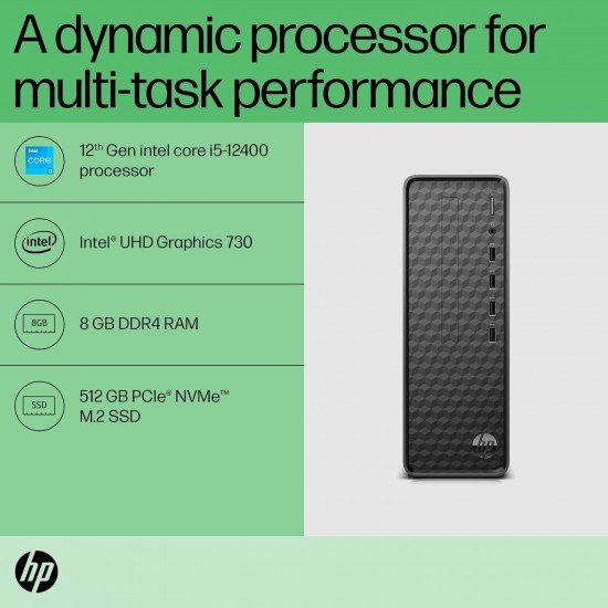 HP Slim Tower 12th Gen Intel Core i5-12400 (8GB RAM/512GB SSD/Black Wired Keyboard & Mouse/Intel UHD Graphics 730/Windows 11/MS Office 21/Dark Black,3 Years Warranty), S01-pF2123in HP Slim Tower 12th Gen Intel Core i5-12400 (8GB RAM/512GB SSD/Black Wired Keyboard & Mouse/Intel UHD Graphics 730/Windows 11/MS Office 21/Dark Black,3 Years Warranty), S01-pF2123in