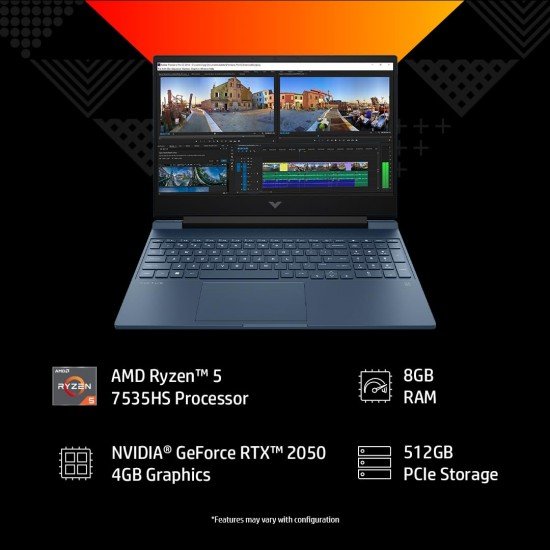 HP Victus Gaming Laptop, AMD Ryzen 5 7535HS, 4GB RTX 2050 GPU, 15.6-inch (39.6 cm), FHD, MSO, 144Hz, 16GB DDR5, 512GB SSD, Backlit KB, B&O, 9ms Response time, Dual Speakers (Blue, 2.37 kg), fb1017AX HP Victus Gaming Laptop, AMD Ryzen 5 7535HS, 4GB RTX 2050 GPU, 15.6-inch (39.6 cm), FHD, MSO, 144Hz, 16GB DDR5, 512GB SSD, Backlit KB, B&O, 9ms Response time, Dual Speakers (Blue, 2.37 kg), fb1017AX