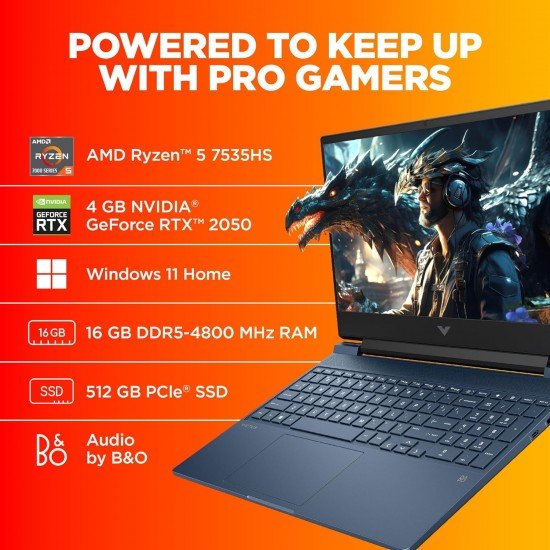 HP Victus Gaming Laptop, AMD Ryzen 5 7535HS, 4GB RTX 2050 GPU, 15.6-inch (39.6 cm), FHD, MSO, 144Hz, 16GB DDR5, 512GB SSD, Backlit KB, B&O, 9ms Response time, Dual Speakers (Blue, 2.37 kg), fb1017AX HP Victus Gaming Laptop, AMD Ryzen 5 7535HS, 4GB RTX 2050 GPU, 15.6-inch (39.6 cm), FHD, MSO, 144Hz, 16GB DDR5, 512GB SSD, Backlit KB, B&O, 9ms Response time, Dual Speakers (Blue, 2.37 kg), fb1017AX