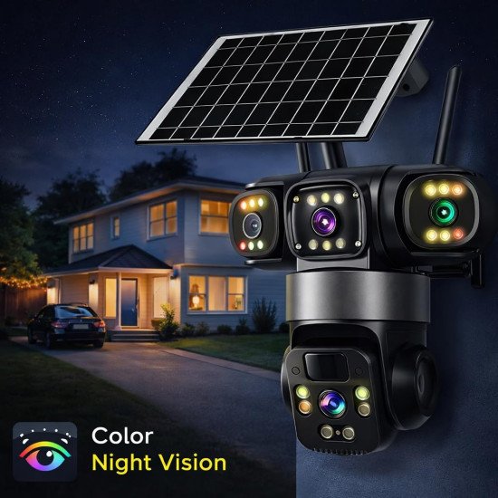 Supar 3 Lens Solar 4G Powered PTZ Outdoor CCTV Camera | 360° View | Color Night Vision | Two Way Audio | 4G SIM-Based Security Camera for Home with Mobile App V380 Pro (3 Lens Solar)