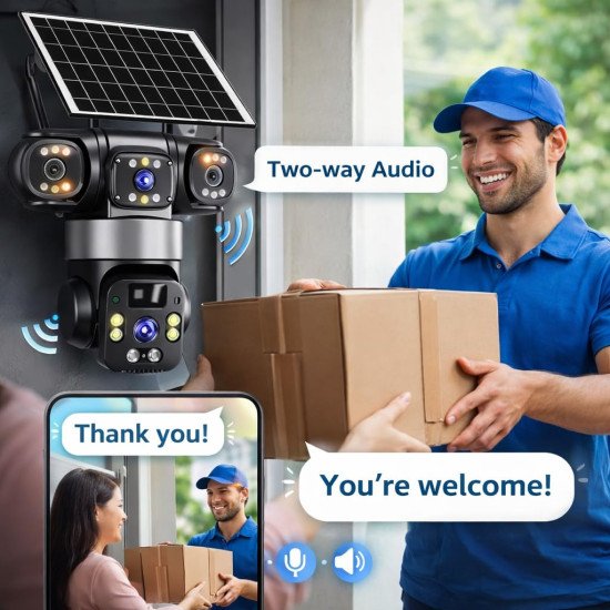 Supar 3 Lens Solar 4G Powered PTZ Outdoor CCTV Camera | 360° View | Color Night Vision | Two Way Audio | 4G SIM-Based Security Camera for Home with Mobile App V380 Pro (3 Lens Solar)
