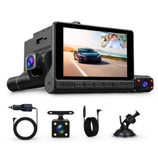 Touch Screen Dash Cam for Car, Full HD 1440p, Front Rear & Interior Triple Cam System 