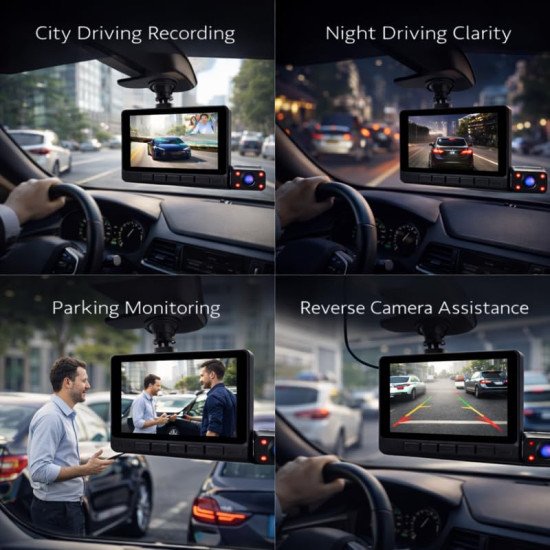 Touch Screen Dash Cam for Car, Full HD 1440p, Front Rear & Interior Triple Cam System 