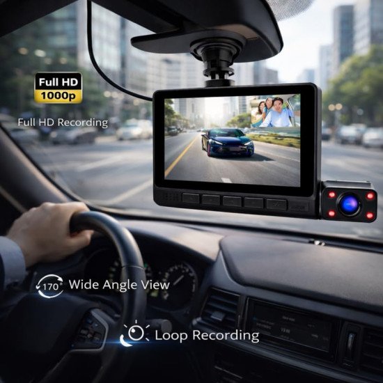 Touch Screen Dash Cam for Car, Full HD 1440p, Front Rear & Interior Triple Cam System 