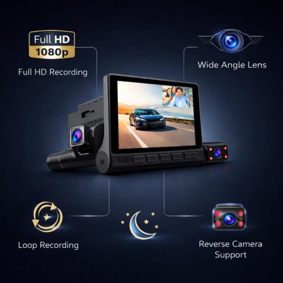 Touch Screen Dash Cam for Car, Full HD 1440p, Front Rear & Interior Triple Cam System 