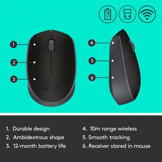 Logitech B170 Wireless Mouse, 2.4 GHz with USB Nano Receiver Logitech B170 Wireless Mouse, 2.4 GHz with USB Nano Receiver