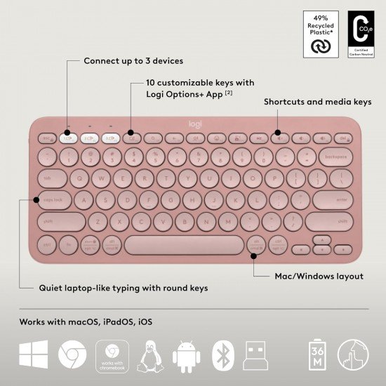 Logitech Pebble 2 Combo, Wireless Keyboard and Mouse, Quiet and Portable (Tonal Rose)