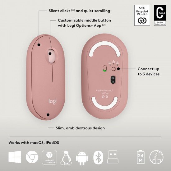 Logitech Pebble 2 Combo, Wireless Keyboard and Mouse, Quiet and Portable (Tonal Rose)