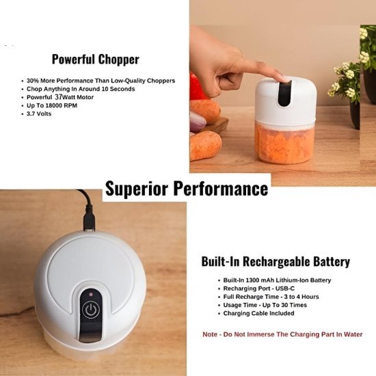 Mini Electric Food Chopper 250ml with 3 Sharp Blades ,USB Rechargeable Garlic & Vegetable Chopper  