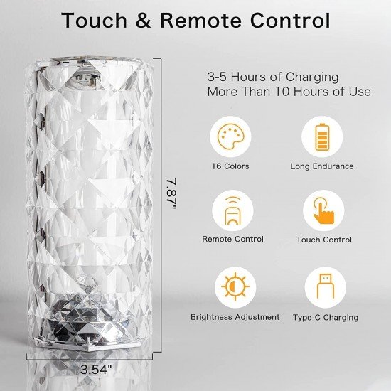 Crystal Lamp,16 Color Changing Rose Crystal Diamond Table Lamp,USB Rechargeable Touch Bedside Night Lamp with Remote Control for Bedroom, Living Room, Party Decor (Multicolor Pack of 1) Crystal Lamp,16 Color Changing Rose Crystal Diamond Table Lamp,USB Rechargeable Touch Bedside Night Lamp with Remote Control for Bedroom, Living Room, Party Decor (Multicolor Pack of 1)
