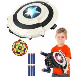 Superhero Dart Shooting Shield with Lights and 6 Darts Toy Foam Blasters Transforming Shield Shooter Pull Handle to Expand Shooting Game for Kids Teens Adults Boys Girls