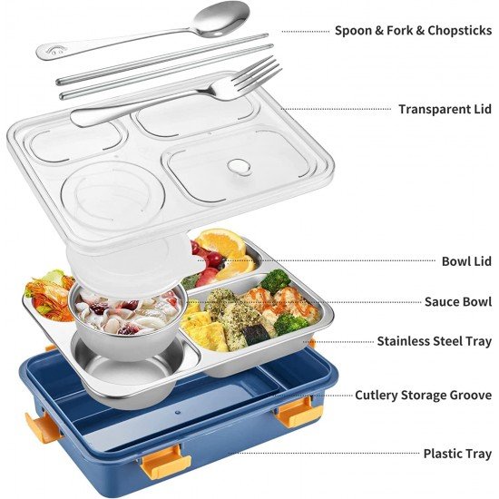 Lunch Box Sealed Leakage Proof Stainless Steel Lunch Box with Fork,Chopstick & Spoon Lid Office Food Container 3 Compartment for School Kids and Adults, 750ml Lunch Box Sealed Leakage Proof Stainless Steel Lunch Box with Fork,Chopstick & Spoon Lid Office Food Container 3 Compartment for School Kids and Adults, 750ml