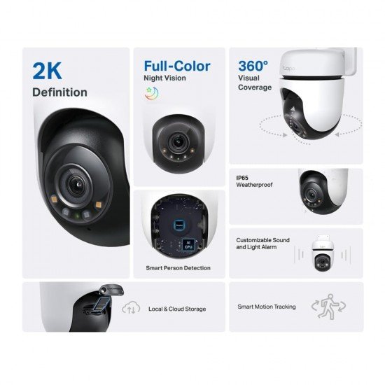 TP-Link 2K 3MP Outdoor Pan/Tilt Security Wi-Fi Camera, IP65 Weatherproof, Motion Detection, 360° Visual Coverage,Full-Colour Night Vision,Cloud &Local Storage,Works with Alexa&Google Home(Tapo C510W)