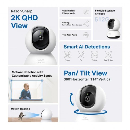 TP-Link Tapo C220 Pan/Tilt Smart AI 2K 4MP QHD 1440p Home Security Wi-Fi Camera| Alexa & Google Assistant Enabled |Night Vision|Two-Way Audio| Motion Detection