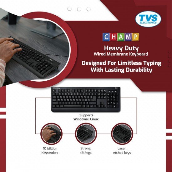 TVS ELECTRONICS Champ Heavy Duty Membrane Wired Keyboard | Array of 104 Keys |Multimedia Functions|Membrane Keys| Compatible|Smooth Handling|Lightweight|Plug|SND Play USB Connectio |Sculpted Key Cap