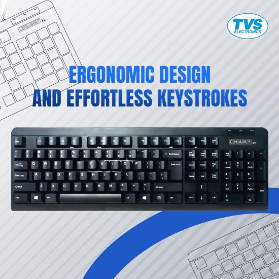 TVS ELECTRONICS Champ USB XL Keyboard, Membrane Key Switches For Silent & Comfortable Use, More Than 10 Million Key Strokes, Laser Etched Characters On Key Caps, Enabled Rupee symbols, Sculpted Keycap TVS ELECTRONICS Champ USB XL Keyboard, Membrane Key Switches For Silent & Comfortable Use, More Than 10 Million Key Strokes, Laser Etched Characters On Key Caps, Enabled Rupee symbols, Sculpted Keycap