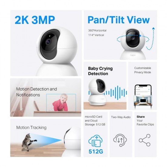 Tapo TP-Link C210P2 360° 3MP 2K 2304 Full HD 1296P Video Pan/Tilt Smart Wi-Fi Security Camera ,Alexa Enabled, 2-Way Audio, Night Vision, Motion Detection, Indoor CCTV , Pack of 2,White Tapo TP-Link C210P2 360° 3MP 2K 2304 Full HD 1296P Video Pan/Tilt Smart Wi-Fi Security Camera ,Alexa Enabled, 2-Way Audio, Night Vision, Motion Detection, Indoor CCTV , Pack of 2,White