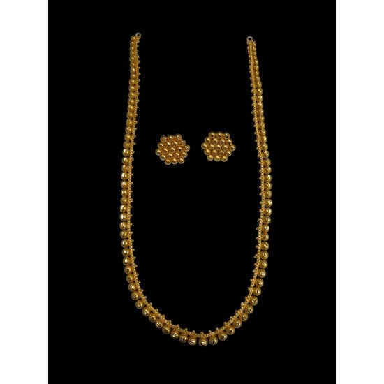 Traditional Gold Plated Ball Chain Necklace with Stud Earrings Set, Ethnic Indian Style Jewelry, Long Length, Made by Copper