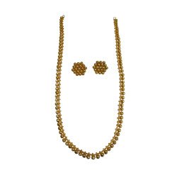 Traditional Gold Plated Ball Chain Necklace with Stud Earrings Set, Ethnic Indian Style Jewelry, Long Length, Made by Copper