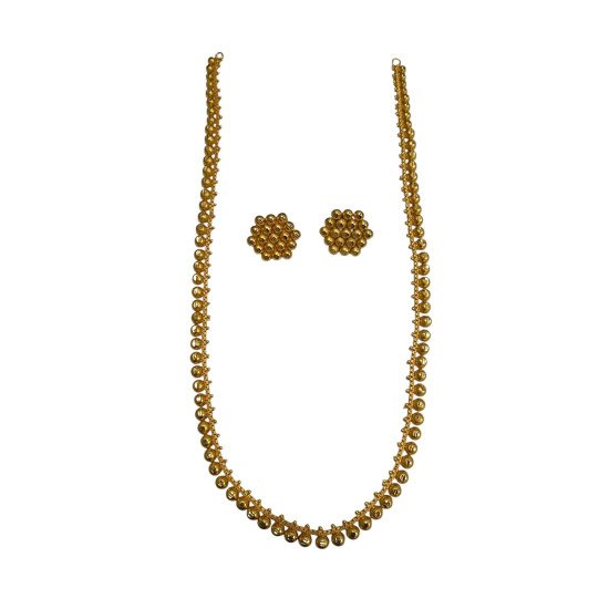 Traditional Gold Plated Ball Chain Necklace with Stud Earrings Set, Ethnic Indian Style Jewelry, Long Length, Made by Copper