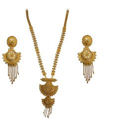 Traditional Gold Plated Indian Wedding Jewelry Set, Long Chandelier Earrings with Matching Necklace, Antique Ethnic Design, Bridal Wear, Jewelry made by copper