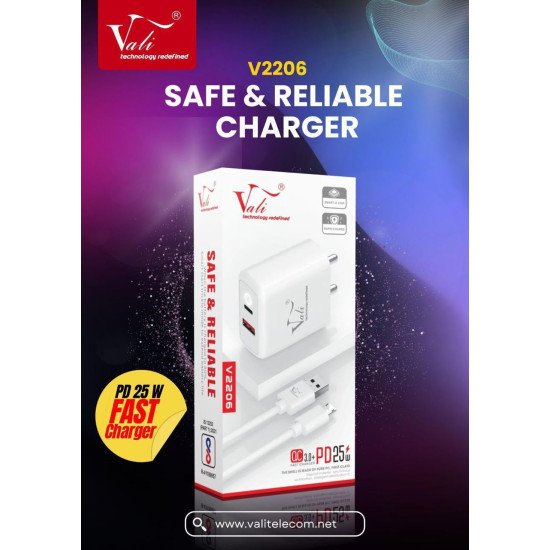 Vali 25W Fast Charger PD Type-C + USB Wall Charger with Type-C Cable | Dual Port Fast Charging Adapter for Smartphones & USB Devices (White)
