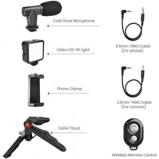 Camera Video Recording Vlogging Kit for Video Making, Mic, Mini Tripod Stand, LED Light & Phone Holder Clip for Making Videos Podcasting Camera Video Recording Vlogging Kit for Video Making, Mic, Mini Tripod Stand, LED Light & Phone Holder Clip for Making Videos Podcasting