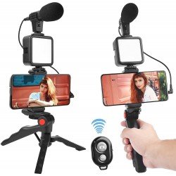 Camera Video Recording Vlogging Kit for Video Making, Mic, Mini Tripod Stand, LED Light & Phone Holder Clip for Making Videos Podcasting